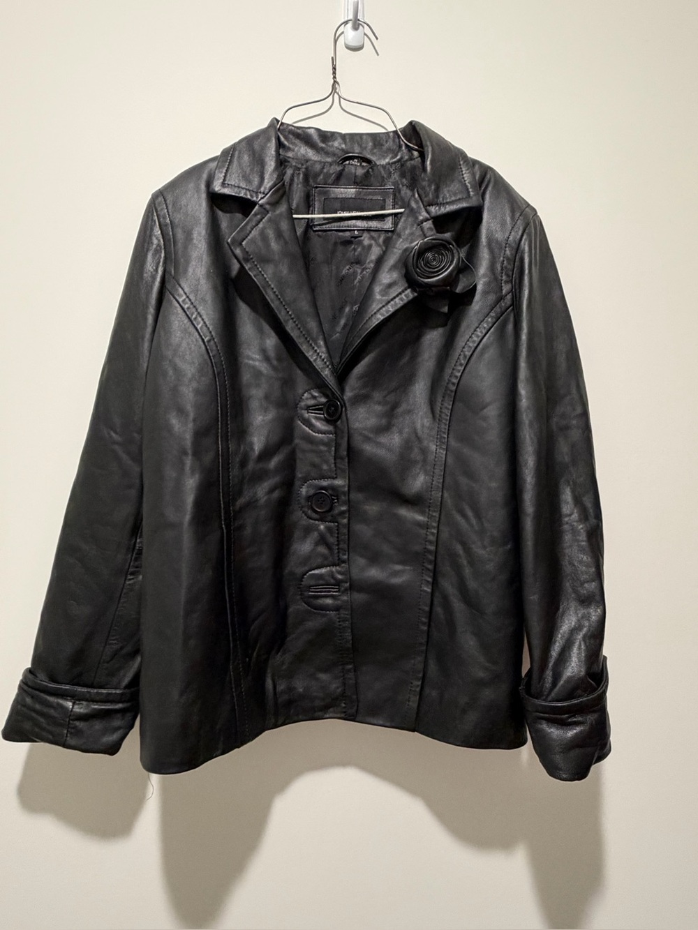 Jones New York Black Leather Button-Front Jacket with Rosette Accent